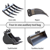 8" Toothed, 32" Toothless Bucket, Rake, Ripper 4-in-1 Set for Up to 2 Ton Mini Excavators | HUAYEE HYE05